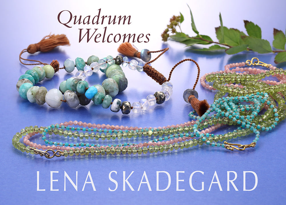 Beaded bracelets on a blue background with text 'Quadrum Welcomes Lena Skadegard'.