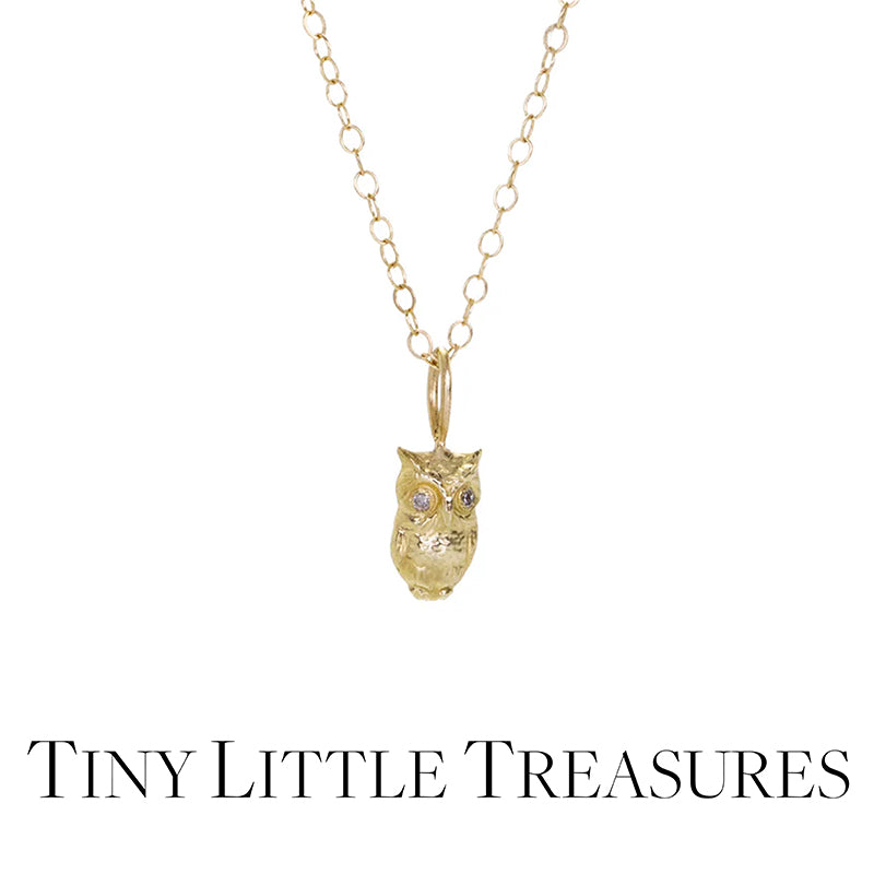 Gold owl pendant necklace on a white background with 'Tiny Little Treasures' text.