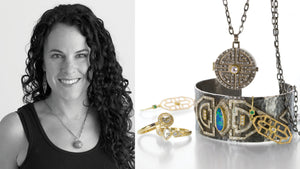 A black and white photograph of jewelry designer Annie Fensterstock next to an image of her handcrafted jewelry; two 18k yellow gold and diamond rings, an oxidized sterling silver, 18k yellow gold and diamond round locket on an oxidized sterling silver chain and a wide oxidized sterling silver cuff with a bezel set opal and handcrafted designs