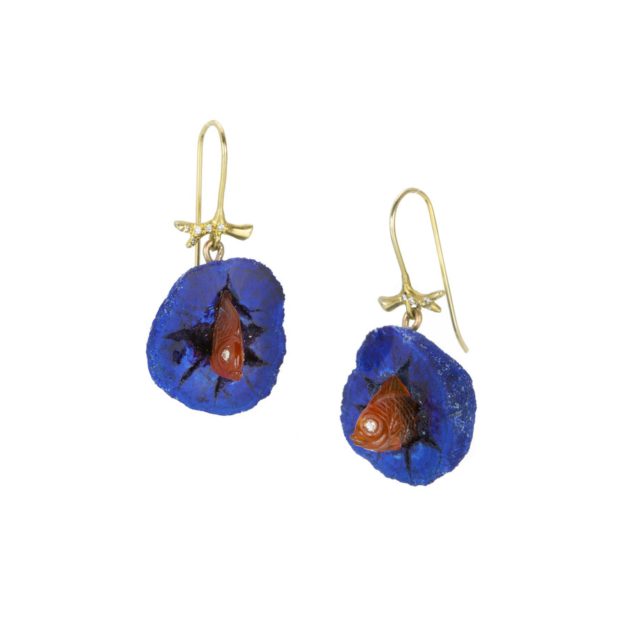 Annette Ferdinandsen Azurite Geode Earrings with Carnelian Golden Fish | Quadrum Gallery