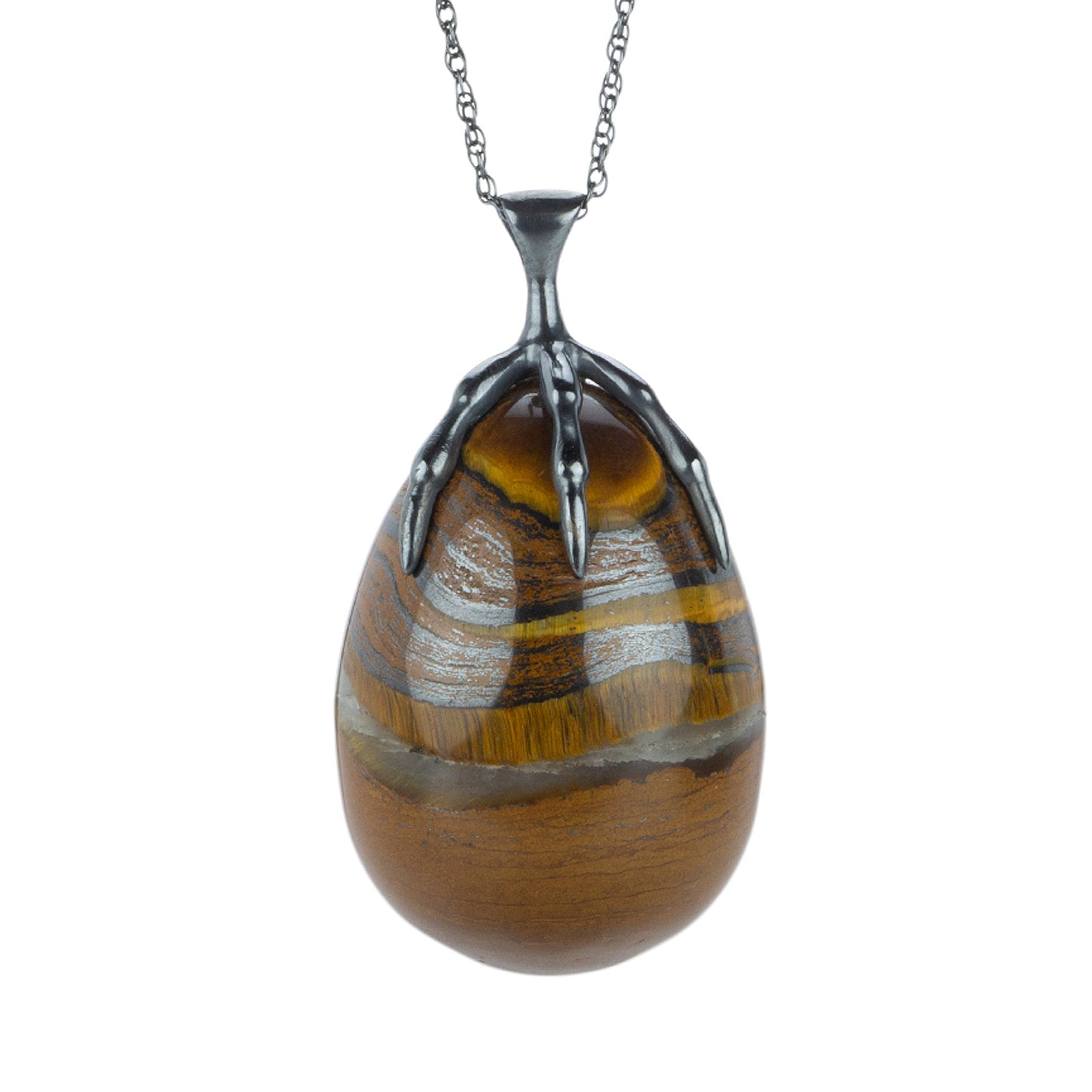 Tiger's Eye Quail Egg and Claw Pendant Necklace