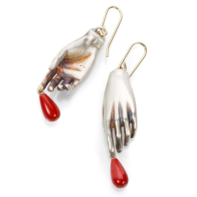 Gabriella Kiss Silver Hands with Red Drop Earrings | Quadrum Gallery