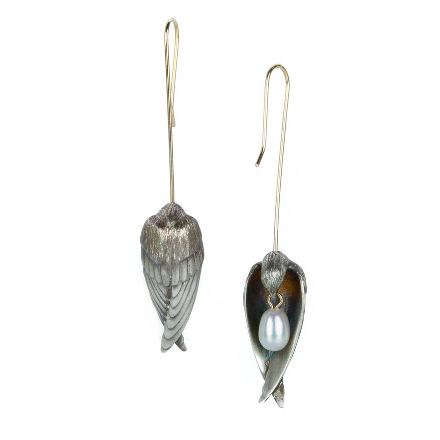 Gabriella Kiss Silver Sleeping Bird Earrings with Pearl Drops | Quadrum Gallery