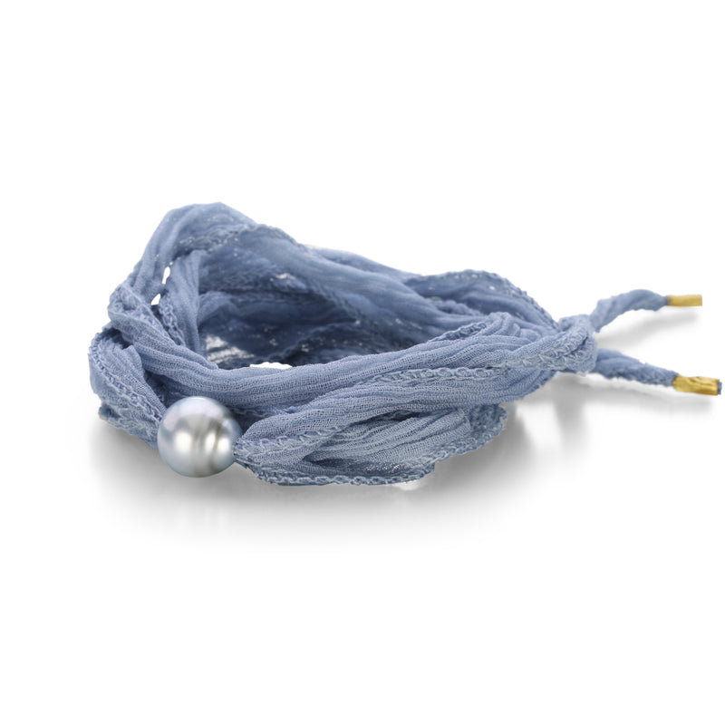 Pale Blue Silk with Pearl Wrap Bracelet