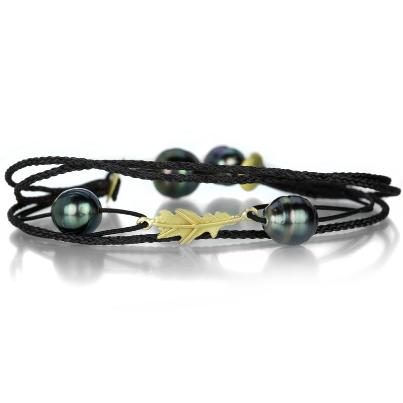 Lene Vibe Black Nylon Bracelet with Pearls and Leaf | Quadrum Gallery