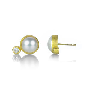 Petra Class Round White Pearl Studs with Diamonds | Quadrum Gallery